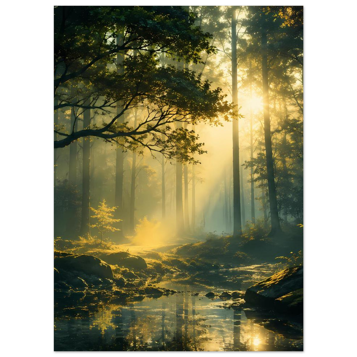 Poster: mystischer Wald mit Sonnenstrahlen, gelblichem Nebel, grünen Blättern und Bachspiegelung