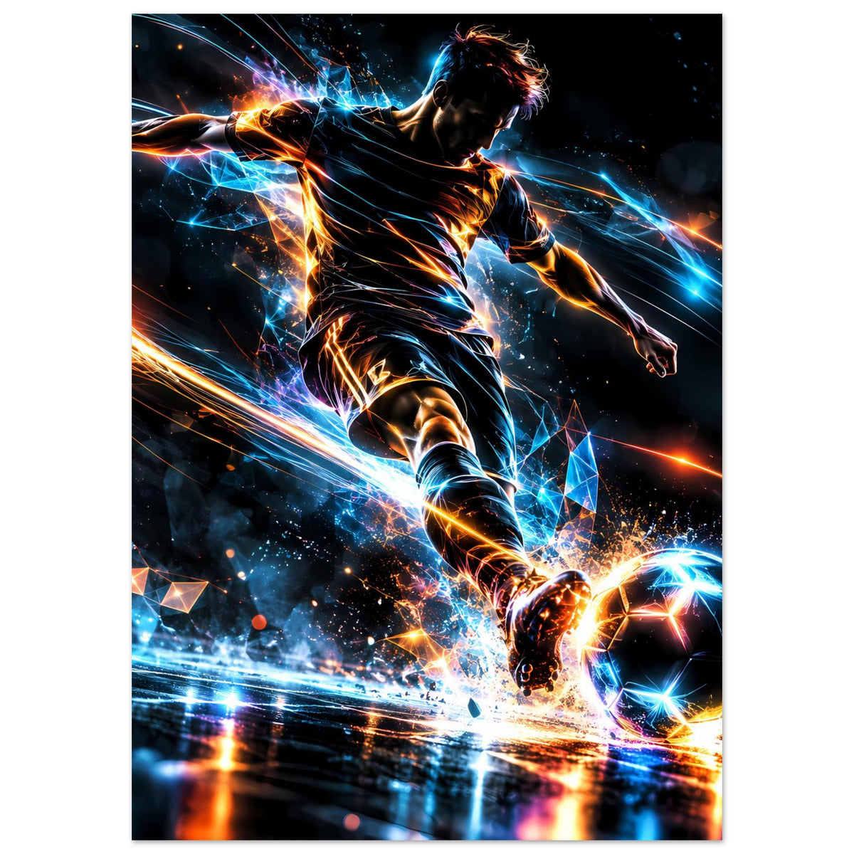Neon-Fußballposter mit Stürmer in dunkler Szene, blaue und orange Energieeffekte