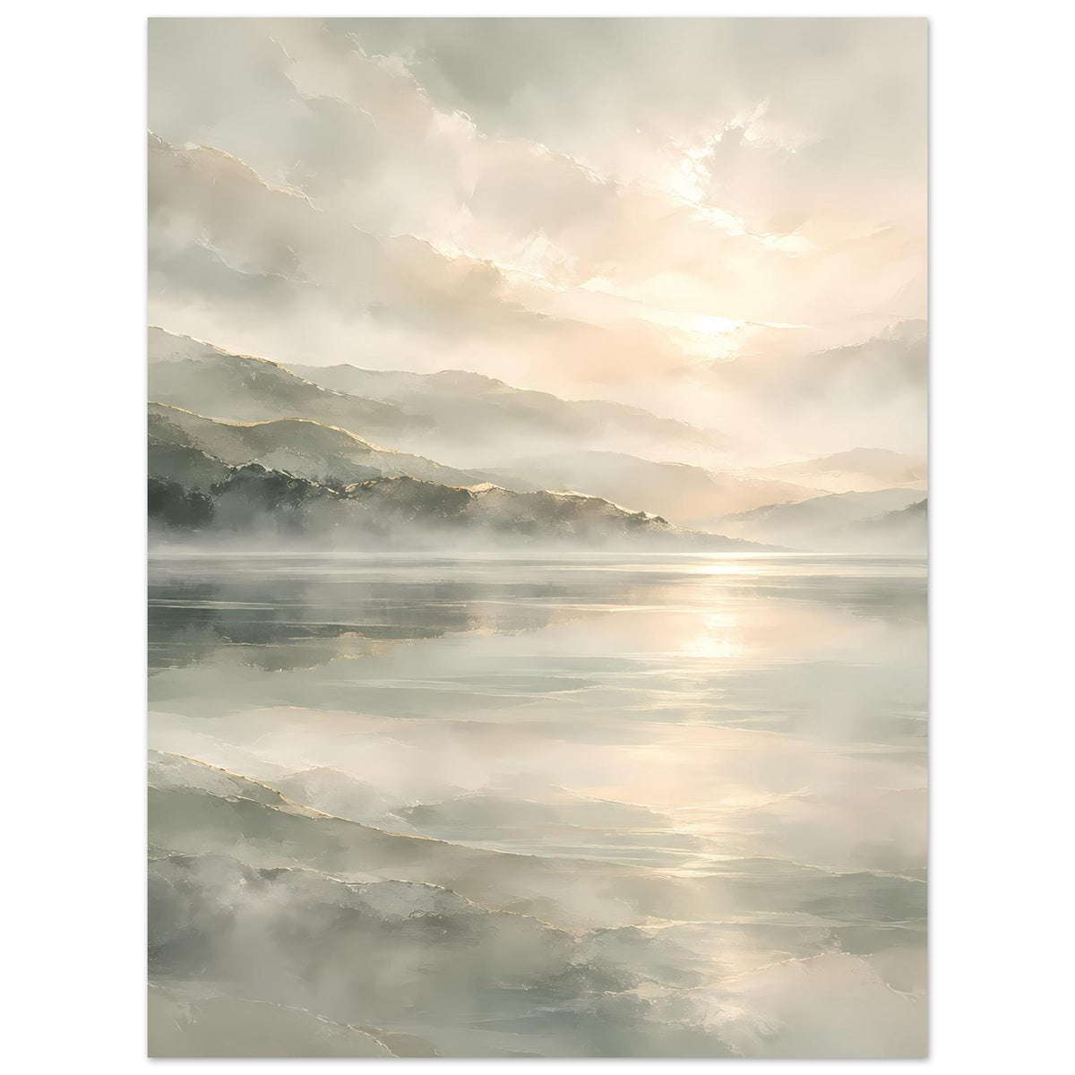 Hochkant-Poster mit ruhigem See, Dunst über dem Wasser und Sonnenreflexen, matt