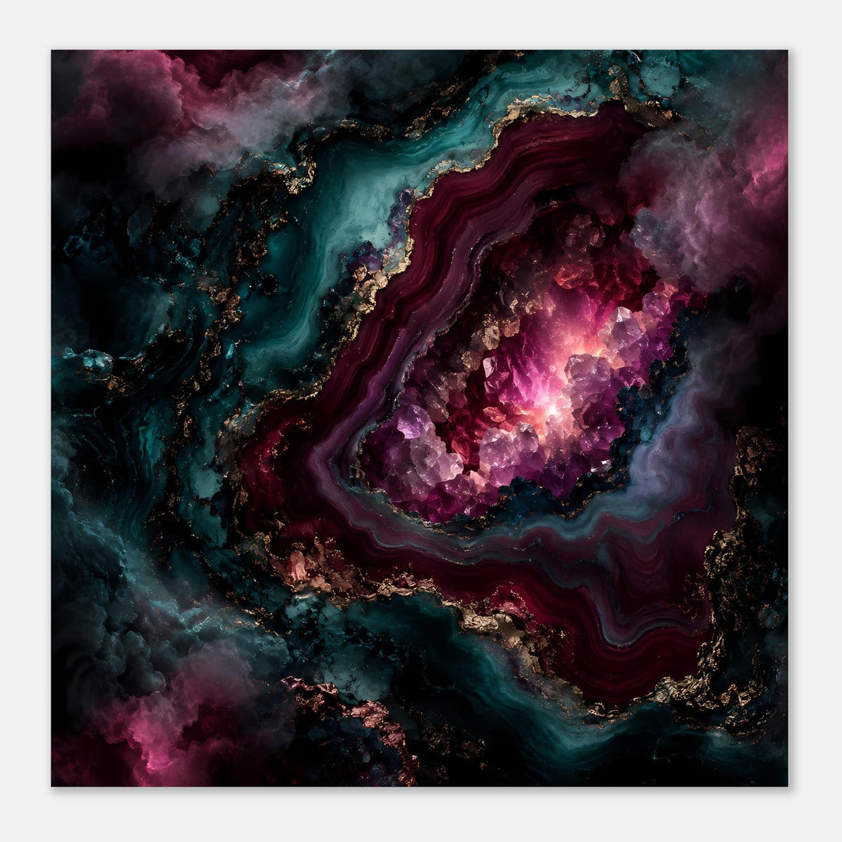Horizontales Kunstposter mit violetten Adern, türkisfarbenen Flächen und geodenartigem Rand