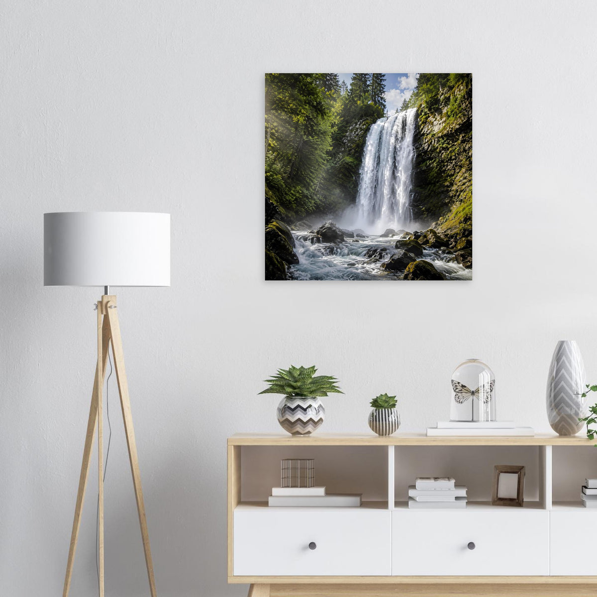 Wasserfall-Poster, quadratisch mit schwarzem Rahmen