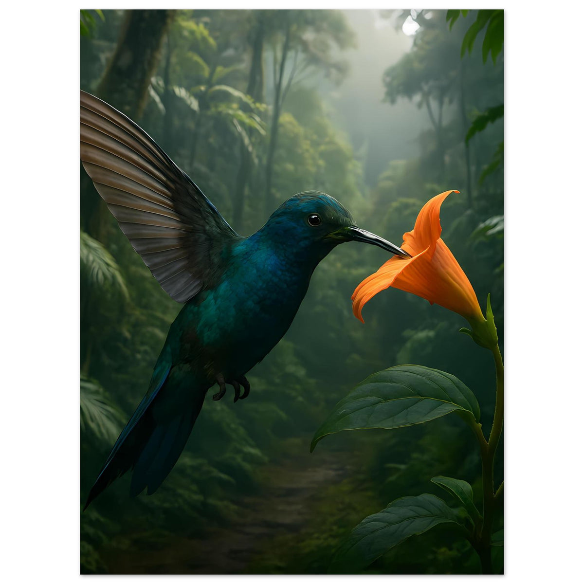 Poster: Kolibri mit weit ausgebreiteten Flügeln neben orangefarbener Blüte im Dschungel