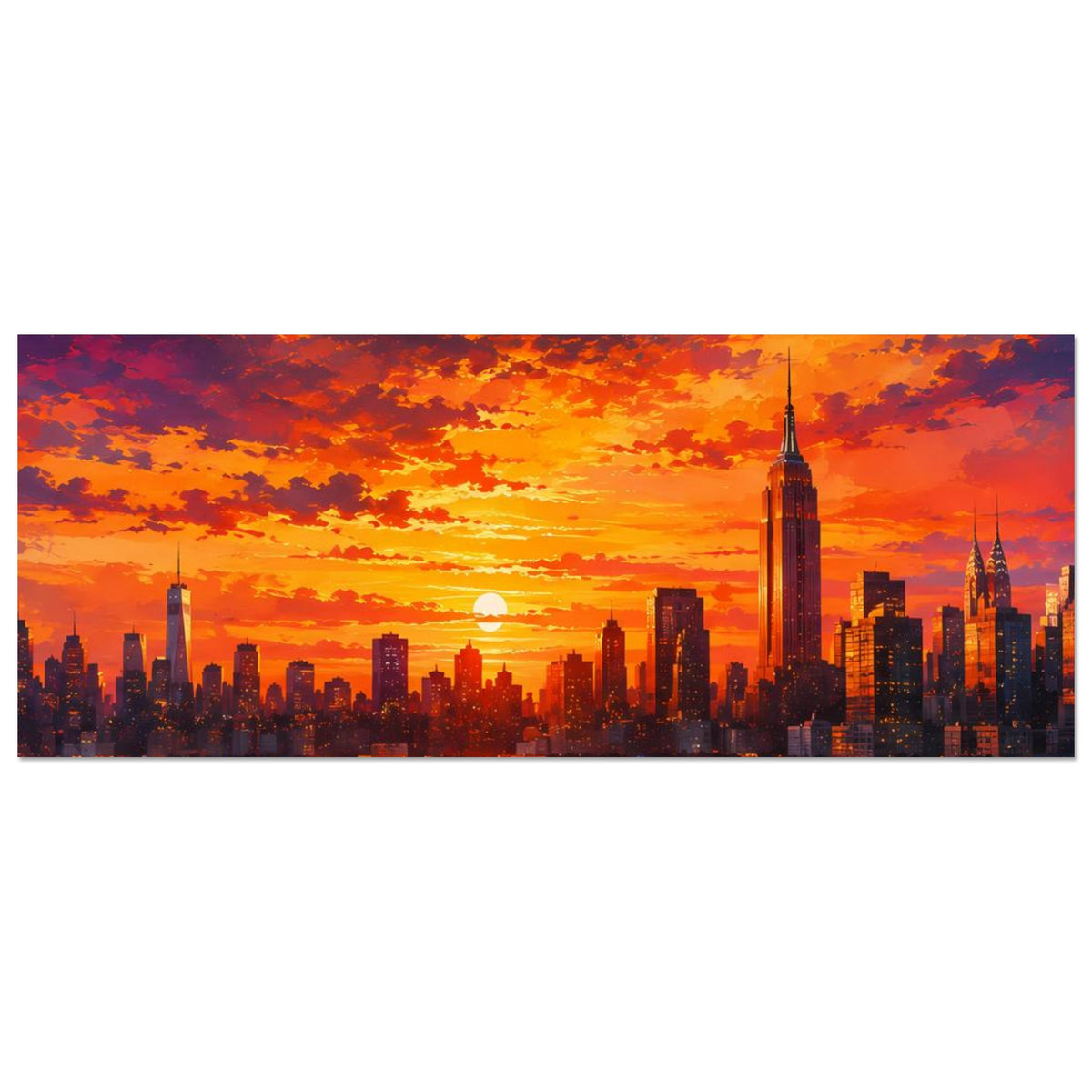 Horizontales Poster mit Stadt-Skyline und Sonnenuntergang, orangefarbener Himmel und Wasserreflexion