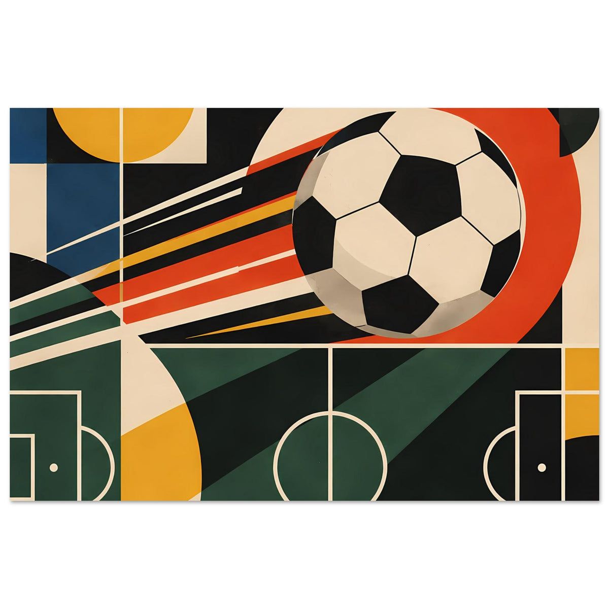 Geometrisches Fußballkunst-Poster mit Ball und Gitterlinien, abstrakte Formen in Gelb und Rot