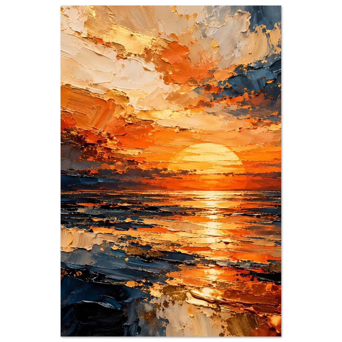 Abstraktes Sonnenuntergangs-Meer-Poster, orange und blaue Pinselstriche, vertikal