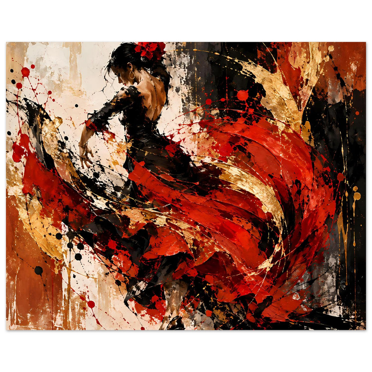 Flamenco-Feuerposter im Querformat: schwarz-rote Tanzgrafik mit goldenen Akzenten