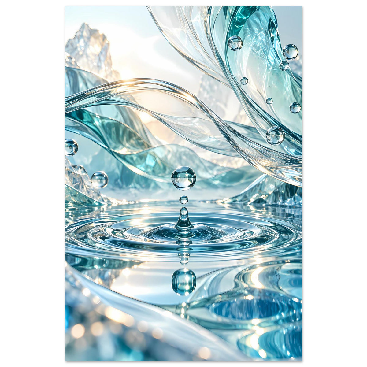 Vertikales Wasserwelt-Poster mit Wasserblasen, türkisblauem Licht und konzentrischen Wellen