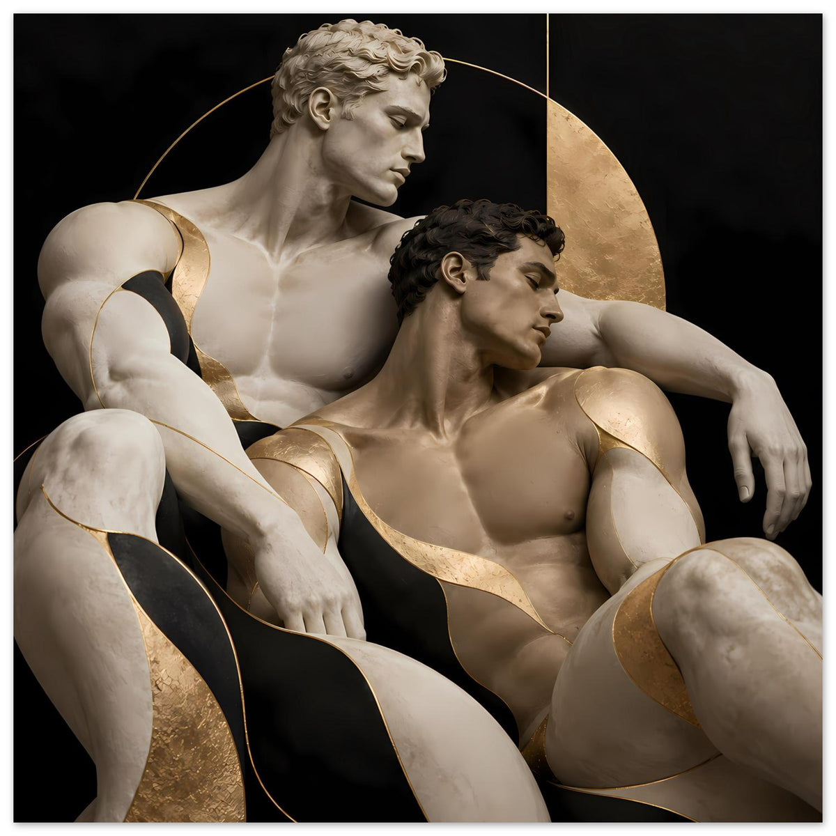 Sculptural Poster mit Aktfiguren und großem Goldbogen auf dunklem Hintergrund