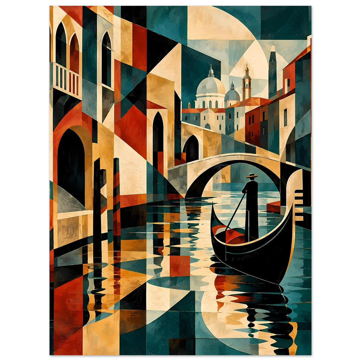 Abstraktes Poster im Hochformat: Gondel im Vordergrund, venezianische Arkaden und Platz am Kanal.