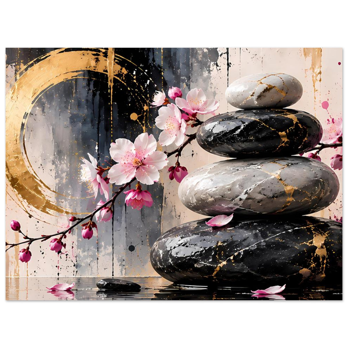 Zen-Poster mit Kirschblüten, gestapelten Steinen und goldenen Farbakzenten vor grauem Hintergrund