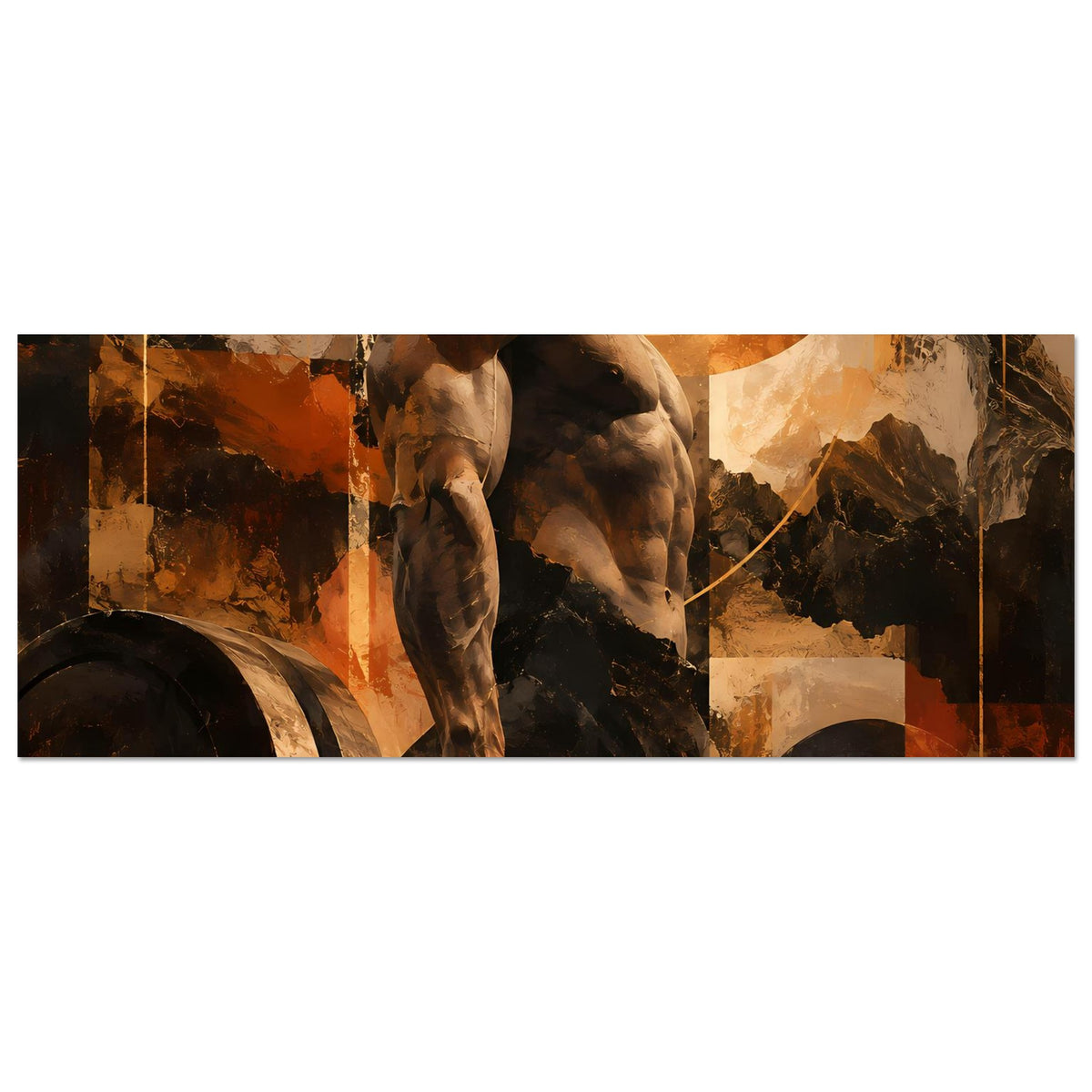 Fitness-Artposter mit aufgemaltem Hund an der Hantel, warmes Erdtöne, horizontal