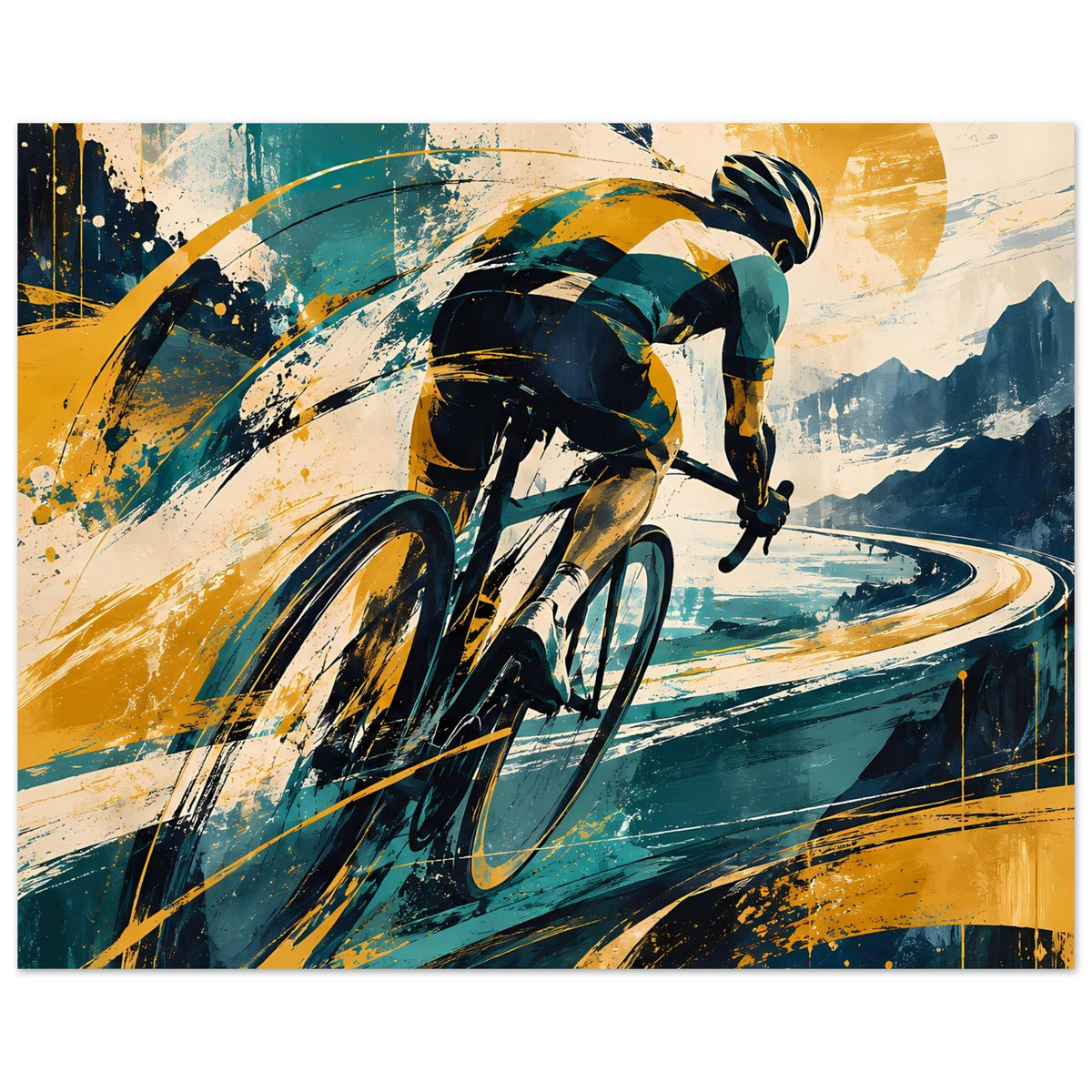 Sportposter mit Radfahrer in dynamischer Fahrt, blaue und gelbe Farbfelder, horizontal