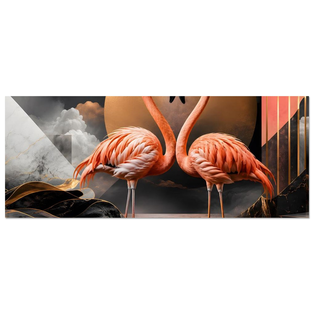 Horizontales Kunstposter mit zwei rosa Flamingos, goldenem Kreis und schwarzen Akzenten