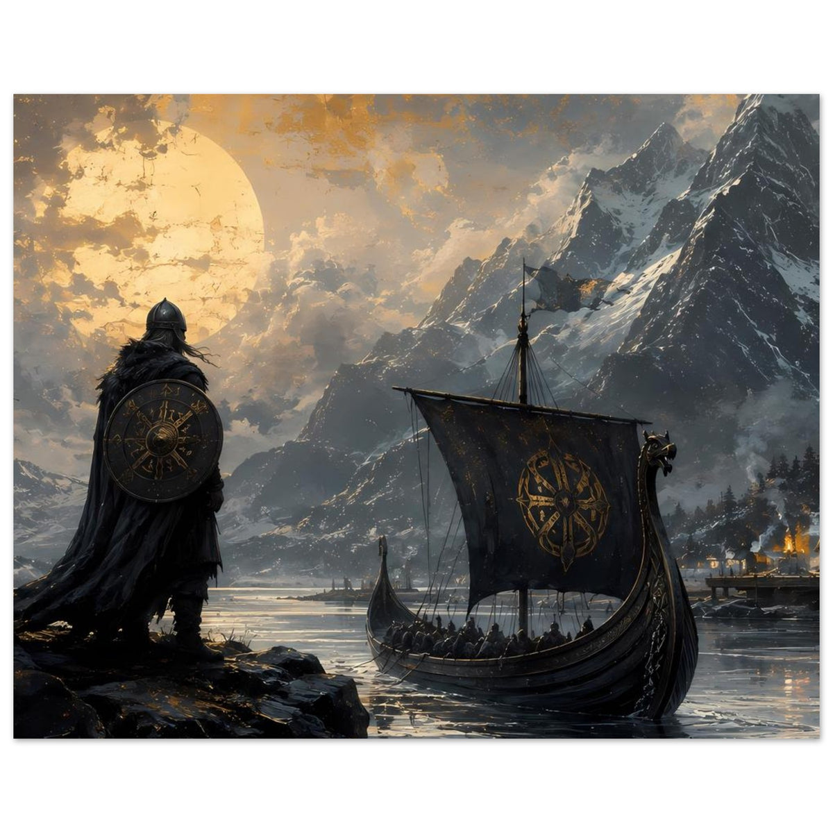 Wikinger-Poster mit Drachenboot auf Wasser, Schildträger und dramatische Berggipfel