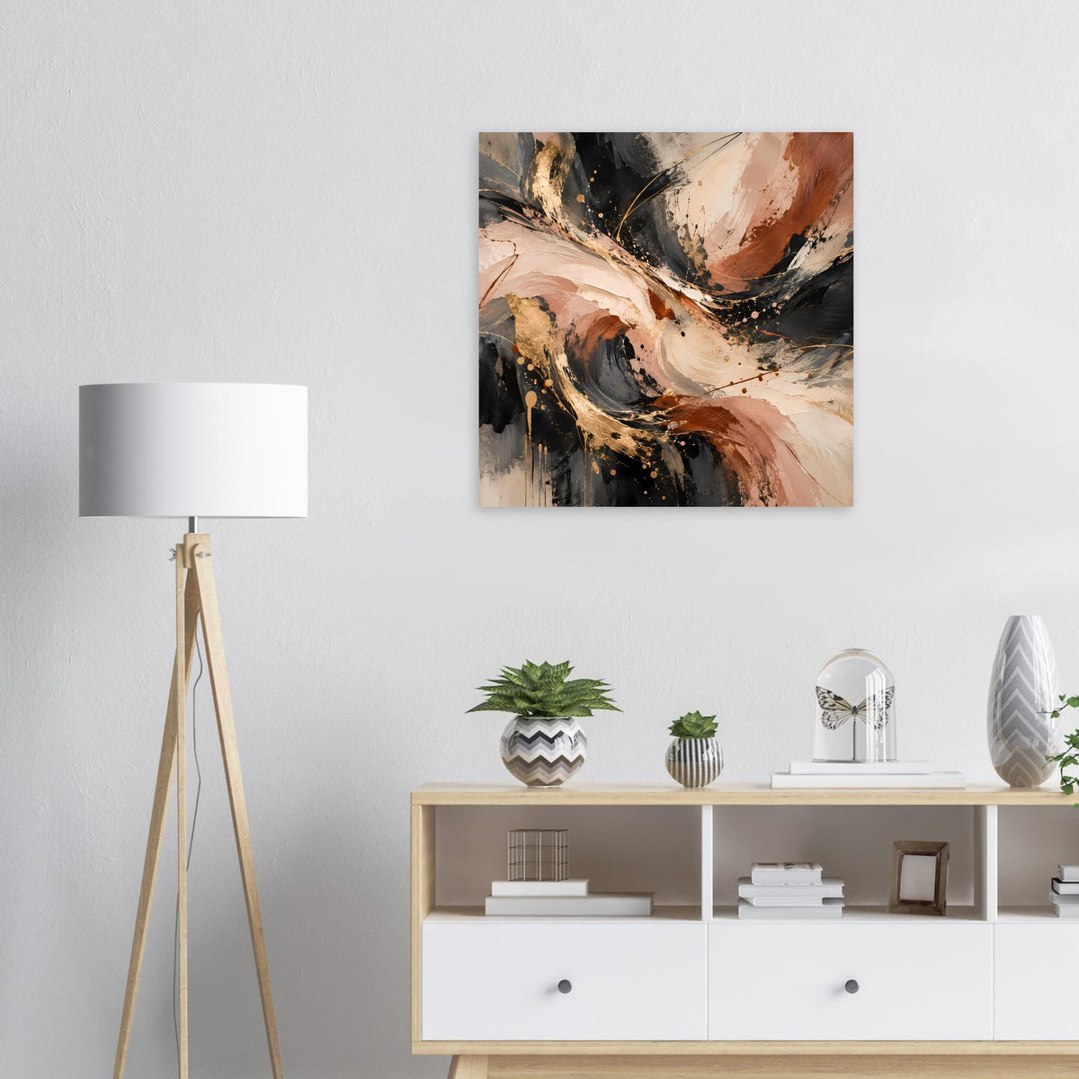 Abstraktes Kunstposter mit warmen erdigen Pinselstrichen in Beige, Rostbraun und Schwarz