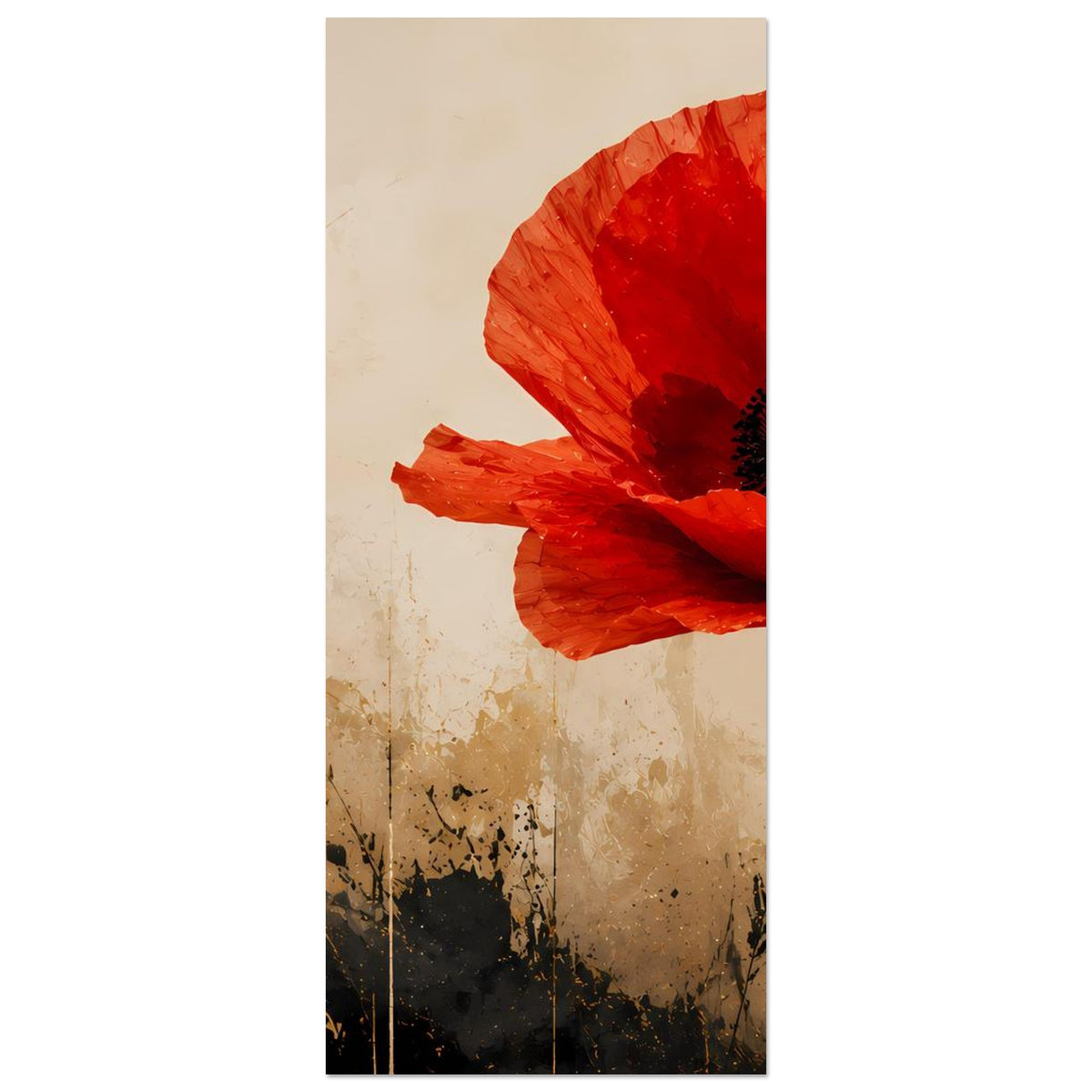 Poster-Ausschnitt mit roter Mohnblume, nur Blütenkopf und Teile vom Stiel sichtbar
