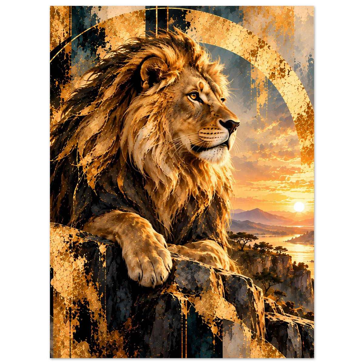 Löwenposter mit zentriertem Löwenprofil, goldene Mähne und orangefarbene Abendsonne am Himmel