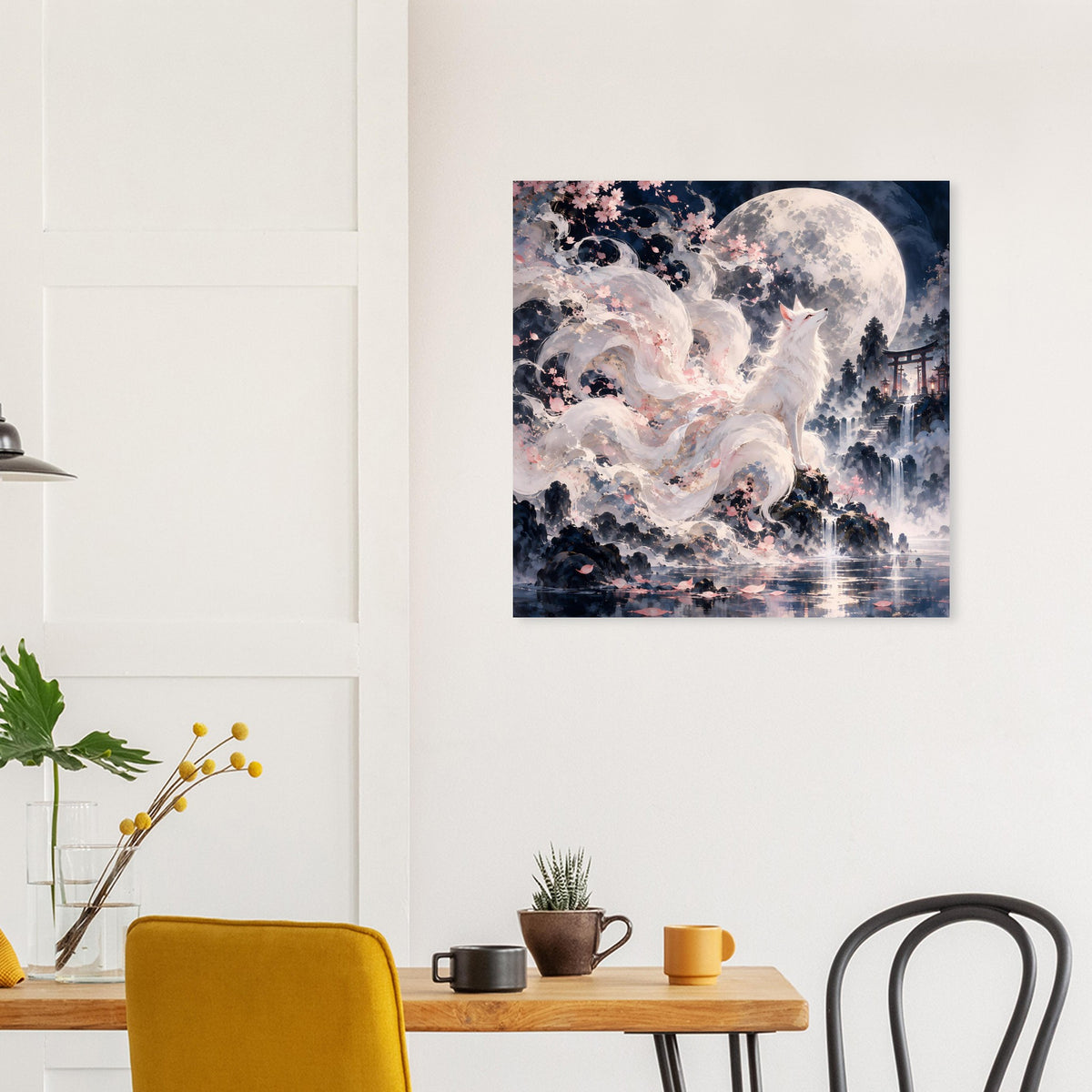 Fantasy-Poster auf Wand: weißer Fuchs bei Vollmond, Kirschblüten, flackernde Lichterskizzen