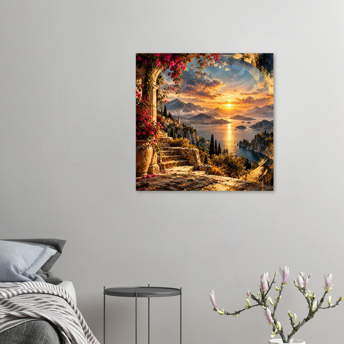 Wandbild mit Küstenweg und Sonnenuntergang über dem Meer, Berge im Hintergrund
