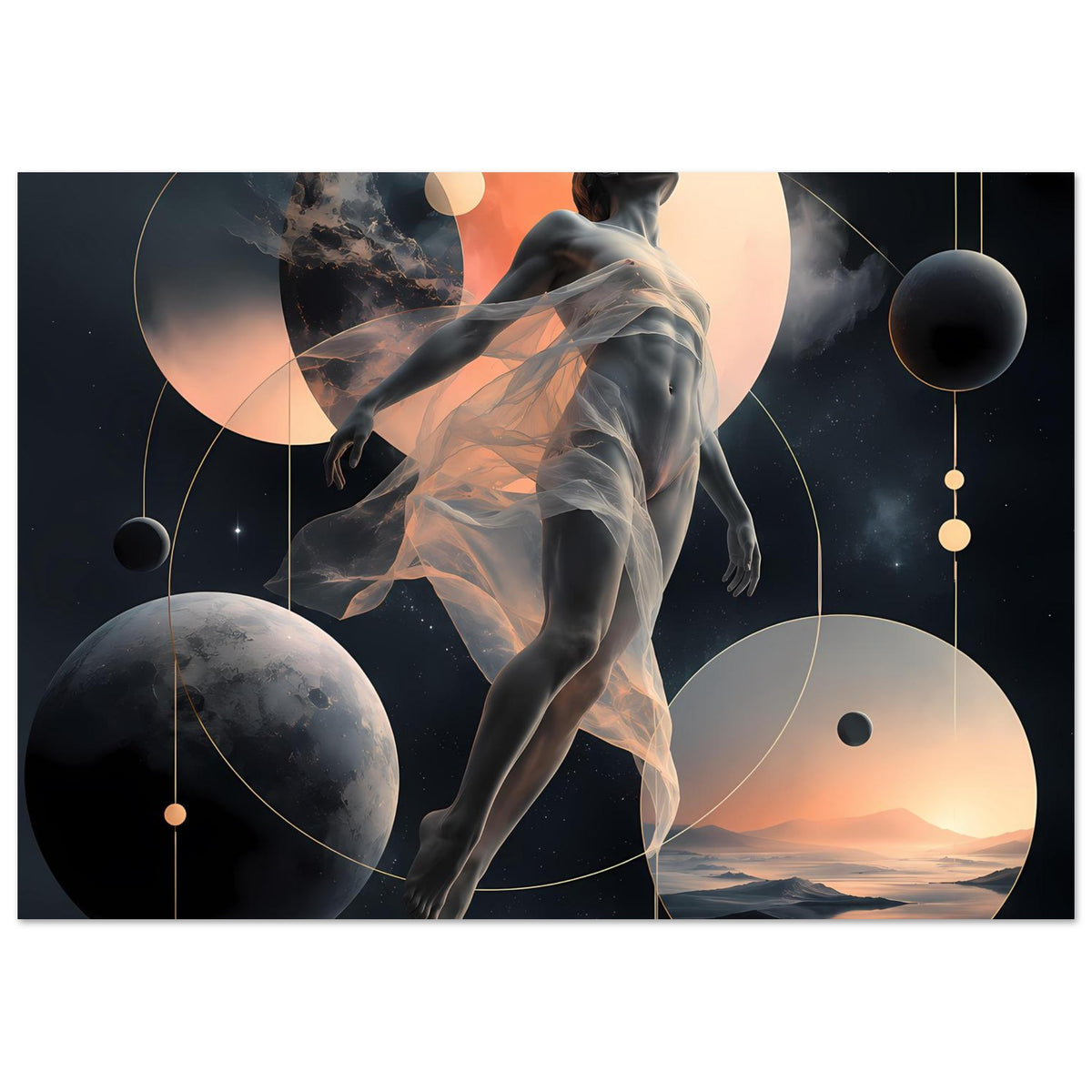 Poster (Ausschnitt) mit abstrakter Figur, großen Kreisflächen, Planeten und schwebenden Kugeln