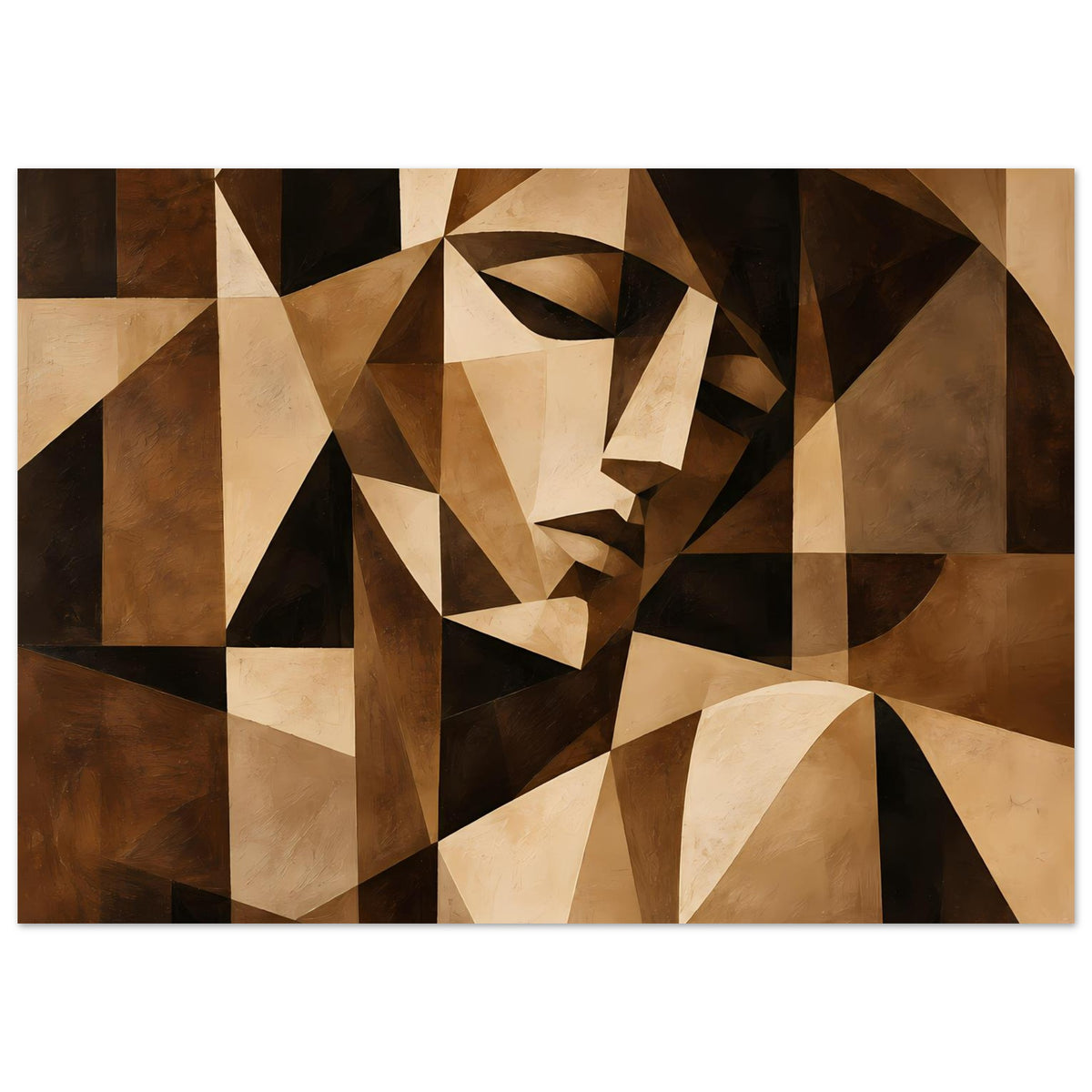 Abstraktes Kunstposter: geometrisches Gesichtsmotiv aus Dreiecken in Braun und Beige