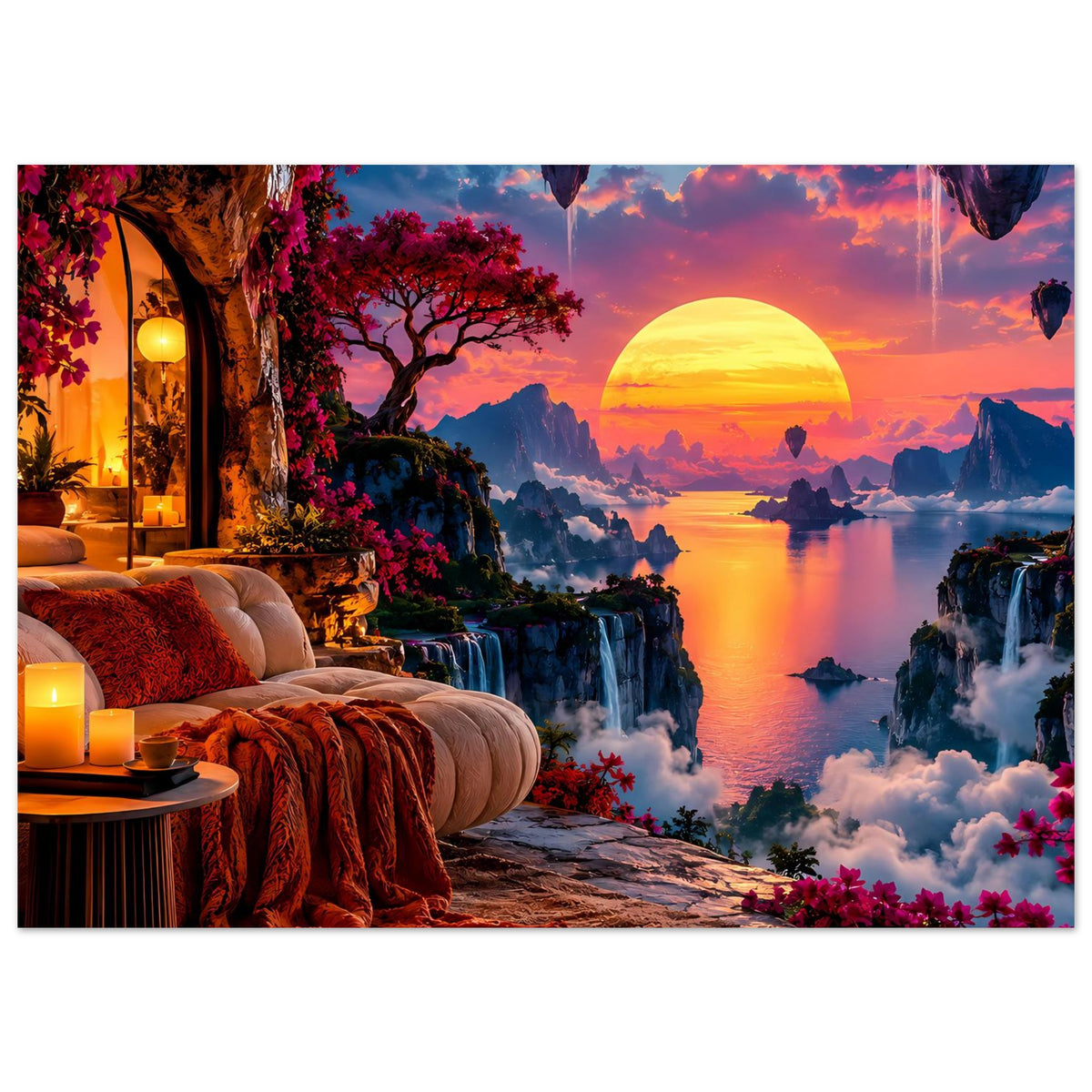 Fantasy-Landschaftsposter im Querformat: leuchtende Sonne, Schluchten, Wasserfälle und Sofa mit Decken