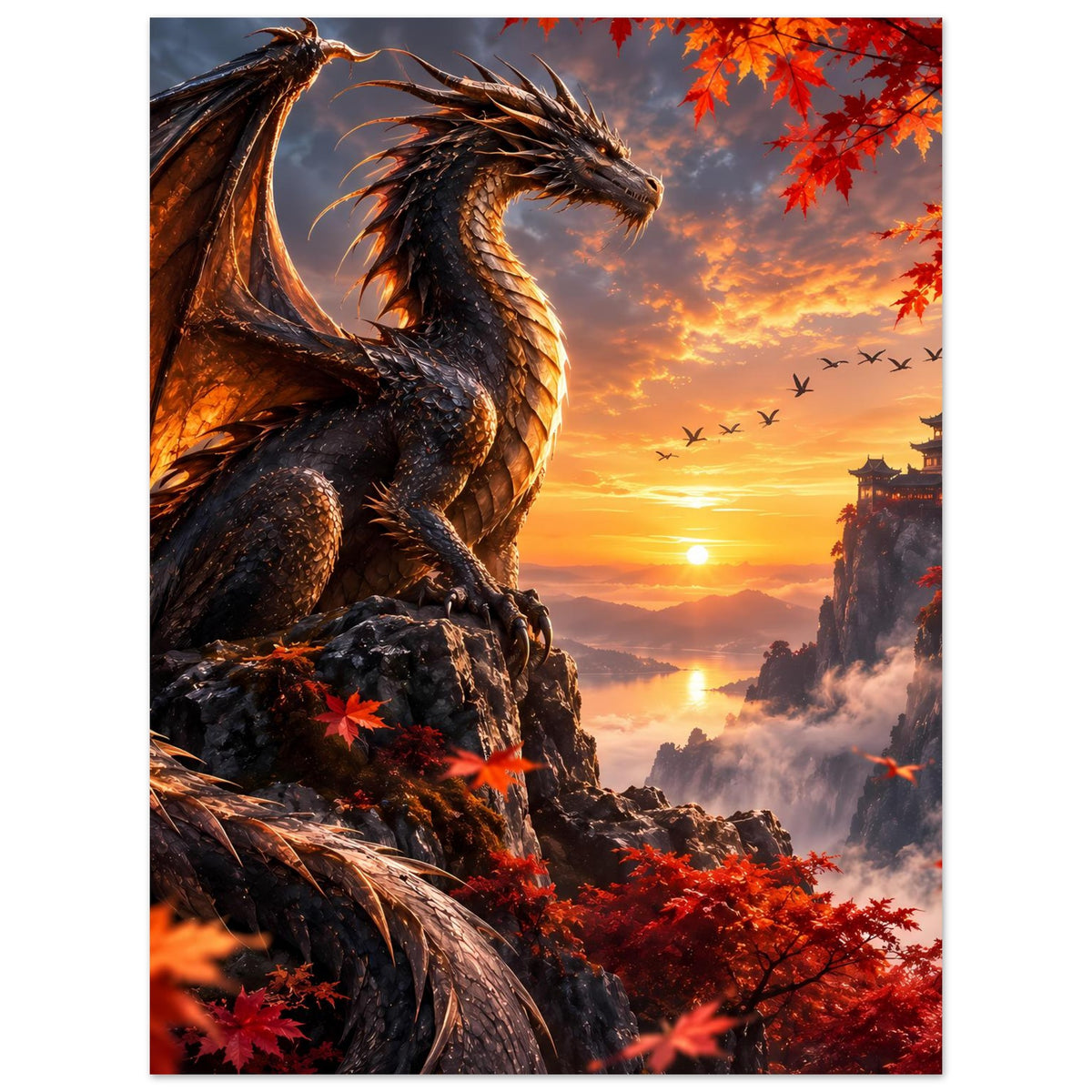 Drachenmotiv-Poster: Drache mit Flügeln auf Felsen, rote Ahornblätter, Sonnenuntergang über Wolken