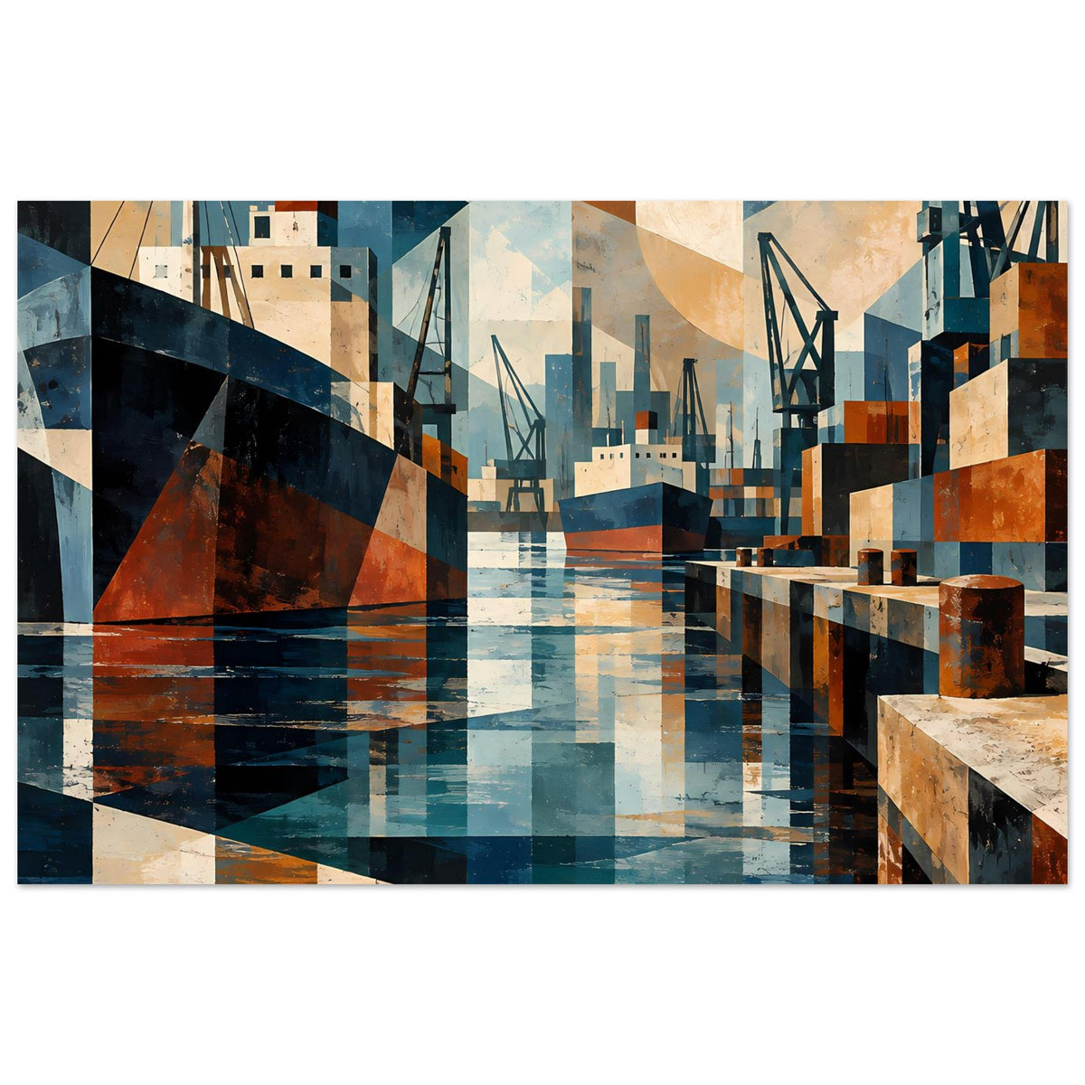 Geometrischer Hafen-Kunstdruck mit Schiffen und Piers in Blau- und Erdtönen, horizontal