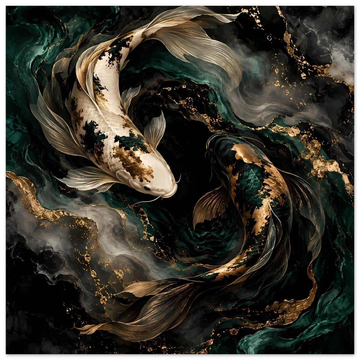 Koi-Fisch Kunstposter: zwei Koi in tiefem Grün, goldene Linien, weiße Flossen und Wirbel