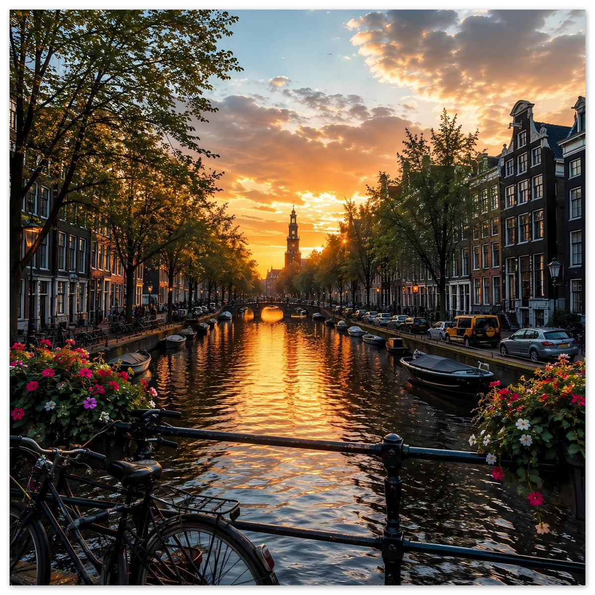 Horizontales Poster mit Amsterdamer Kanal bei Sonnenuntergang, beleuchtetes Wasser und Boote