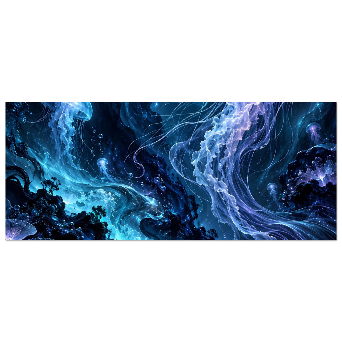 Unterwasser-Poster, horizontal: leuchtende Quallen in Blau mit kontrastreichen Bereichen
