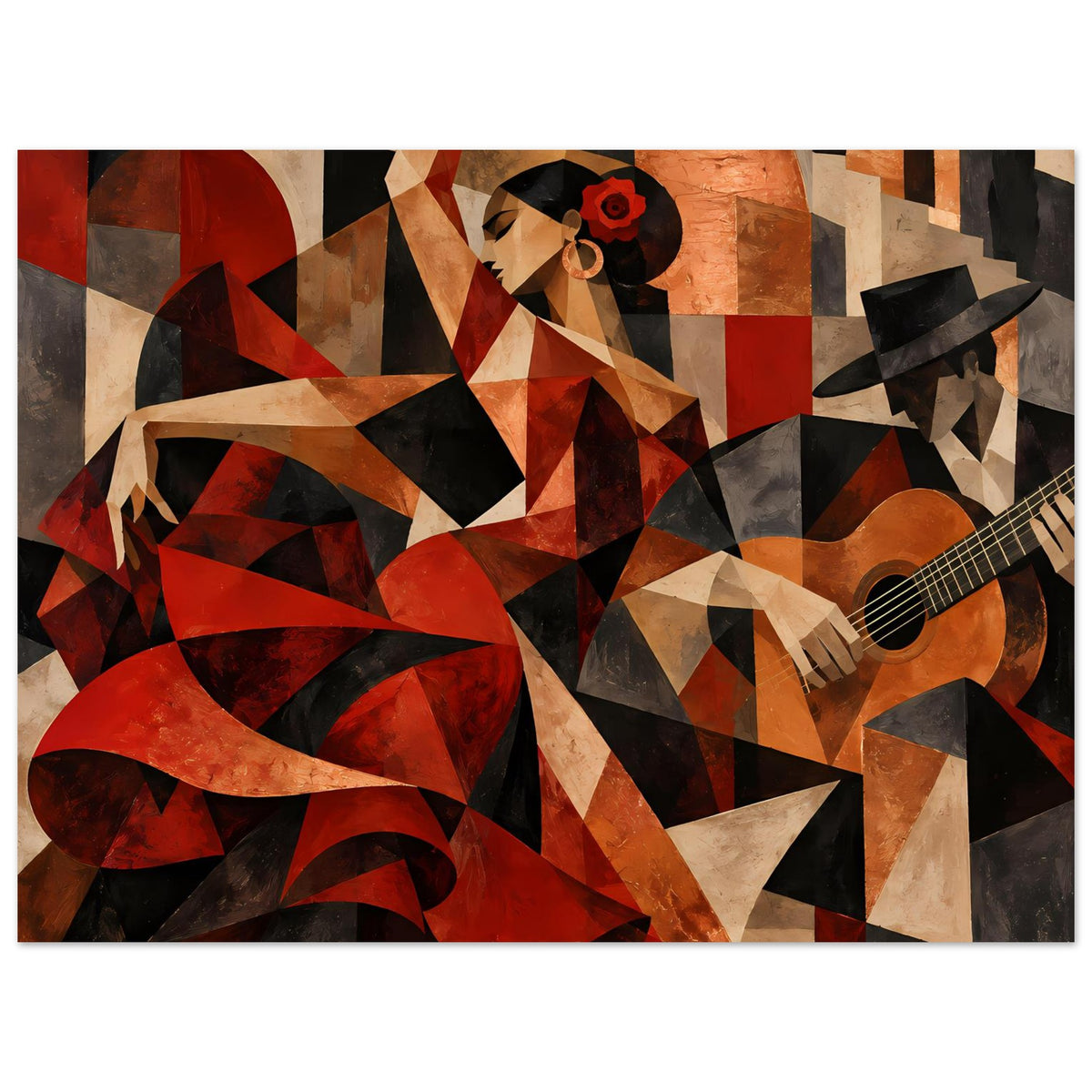 Kunstposter Querformat: abstrakte Flamenco-Szene mit Frau, schwarzem Hut und Gitarre