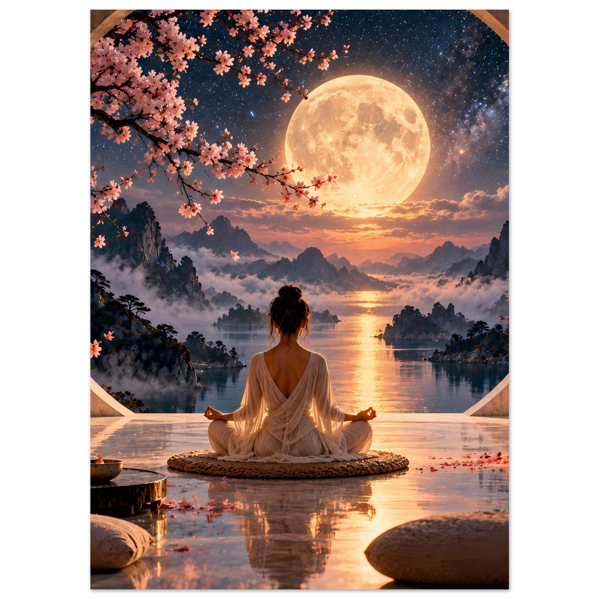 Meditationsposter mit Vollmond über Landschaft, meditierende Person und Kirschblütenzweig