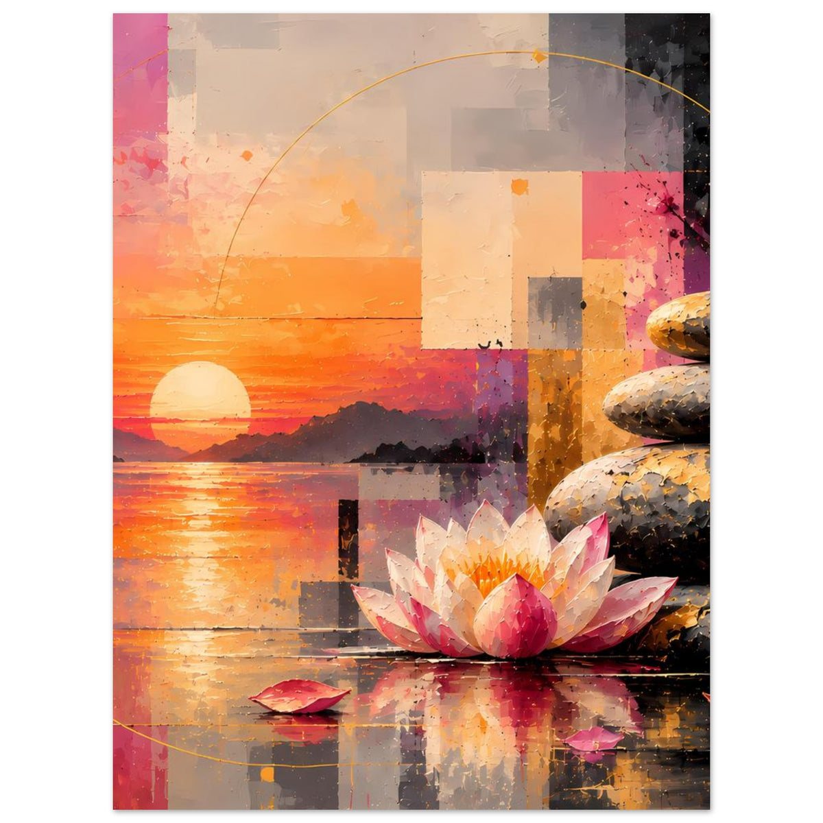 Vertikales Poster mit Lotusblüte, Zen-Steinen rechts, orangefarbener Sonne und spiegelndem Wasser
