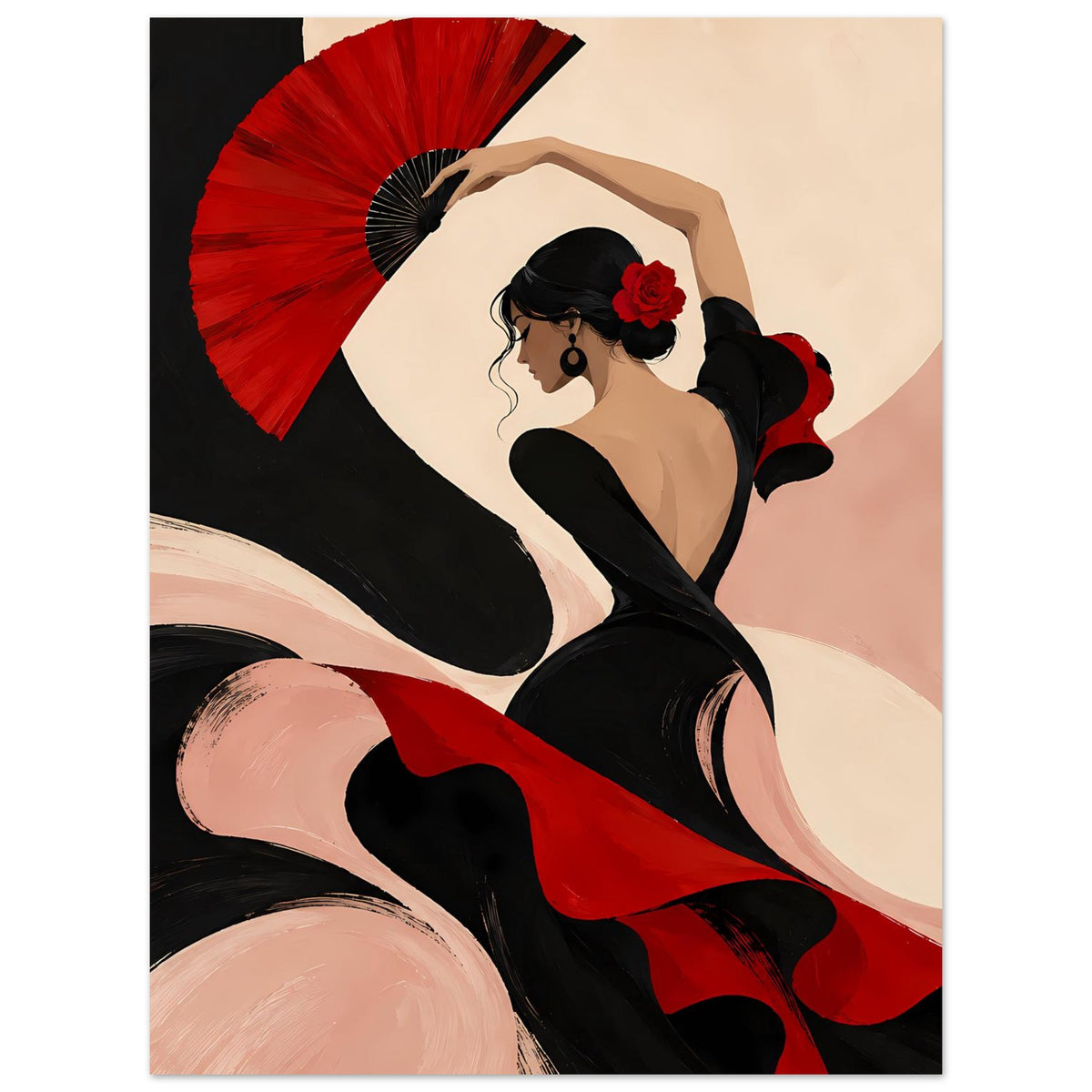 Poster mit Flamenco-Tänzerin, roter Fächer im Hintergrundton, schwarzes Kleid, rote Details