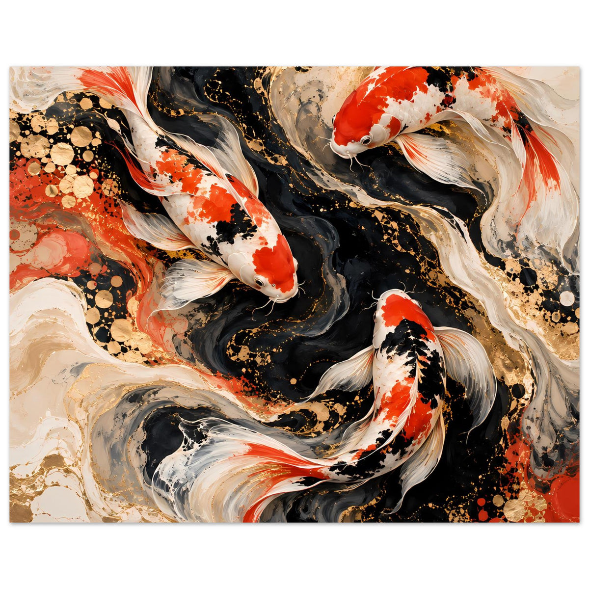 Kunstposter mit Koi-Fischen in Schwarz, Weiß und Rot, große Flächen und Spritzmuster, Querformat