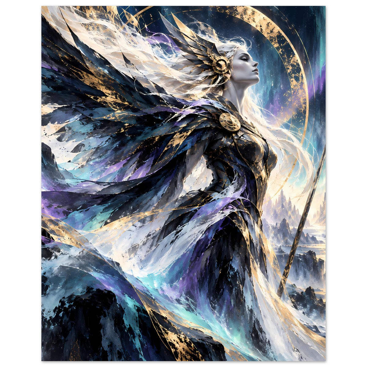 Fantasy-Göttinnenposter, Hochformat: Göttin im Profil mit Flügeln, goldenen Details und Energie