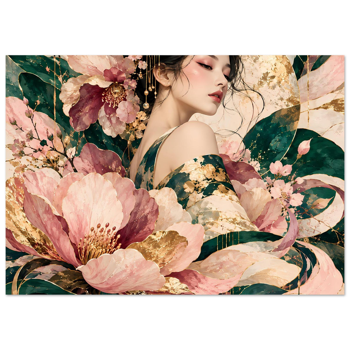 Querformatiges Blumenposter mit Frauengesicht und großen rosafarbenen Blüten, Grün und Gold