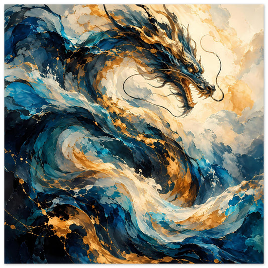 Fantasy-Poster mit blau-goldenem Drachen im Flug, kräftige Flammen und wirbelnde Formen