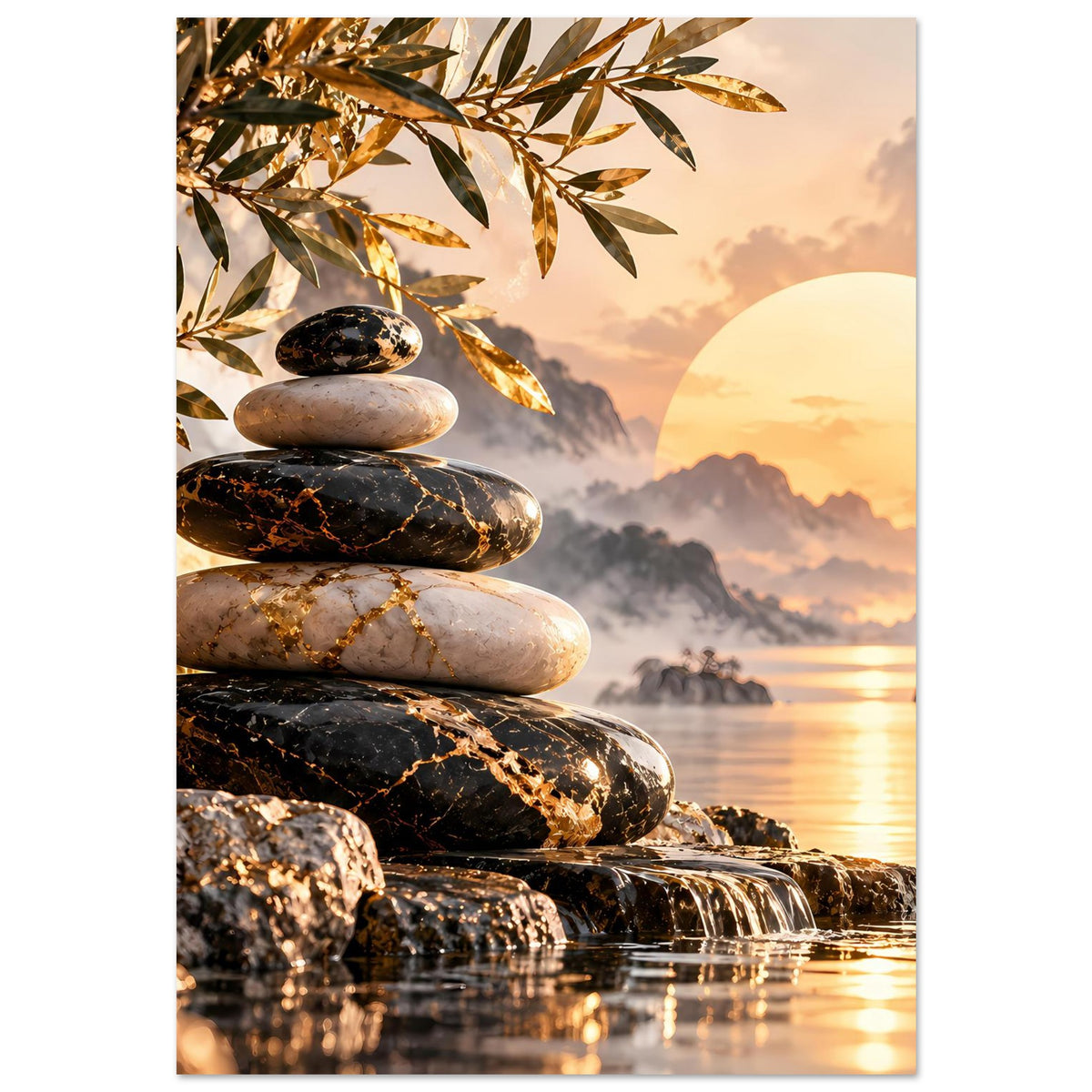 Poster mit Steinsäule aus Schwarz und Beige, goldene Blätter oben, runde Sonne am Horizont
