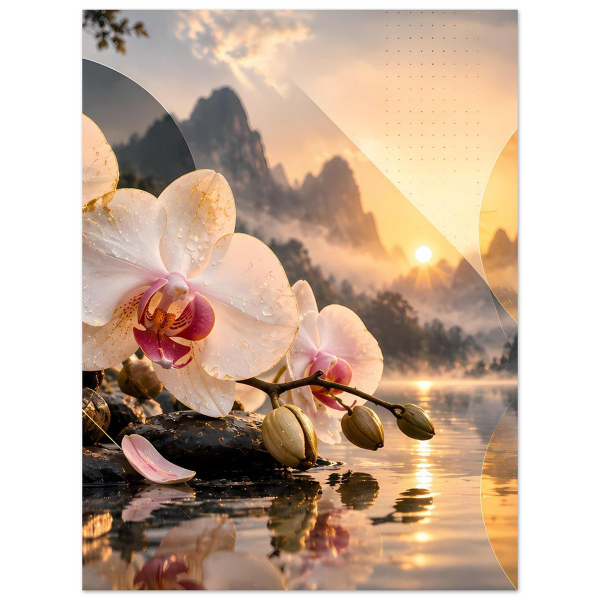 Orchideen-Wandposter mit weißen Blüten, Sonnenuntergang über Bergen und spiegelndem See