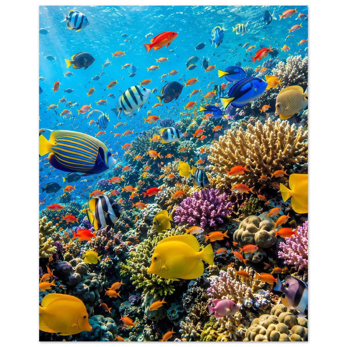 Hochformat-Poster mit Korallenriff und bunten tropischen Fischen, rechteckiger Bildrand