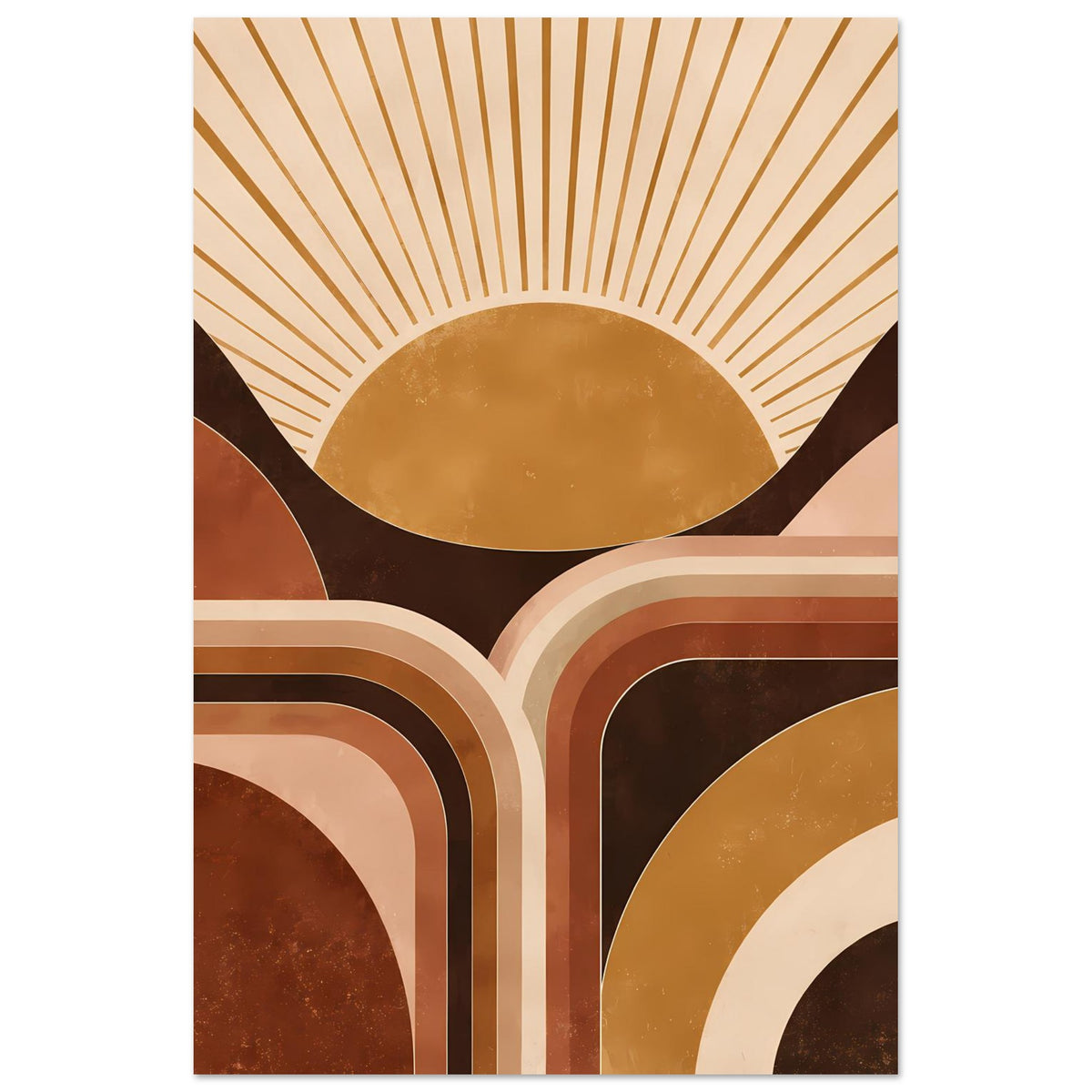 Hochformat-Poster mit Vintage-Sonnenaufgang: Strahlenkranz, goldene Fläche und erdfarbene Rahmenbögen.