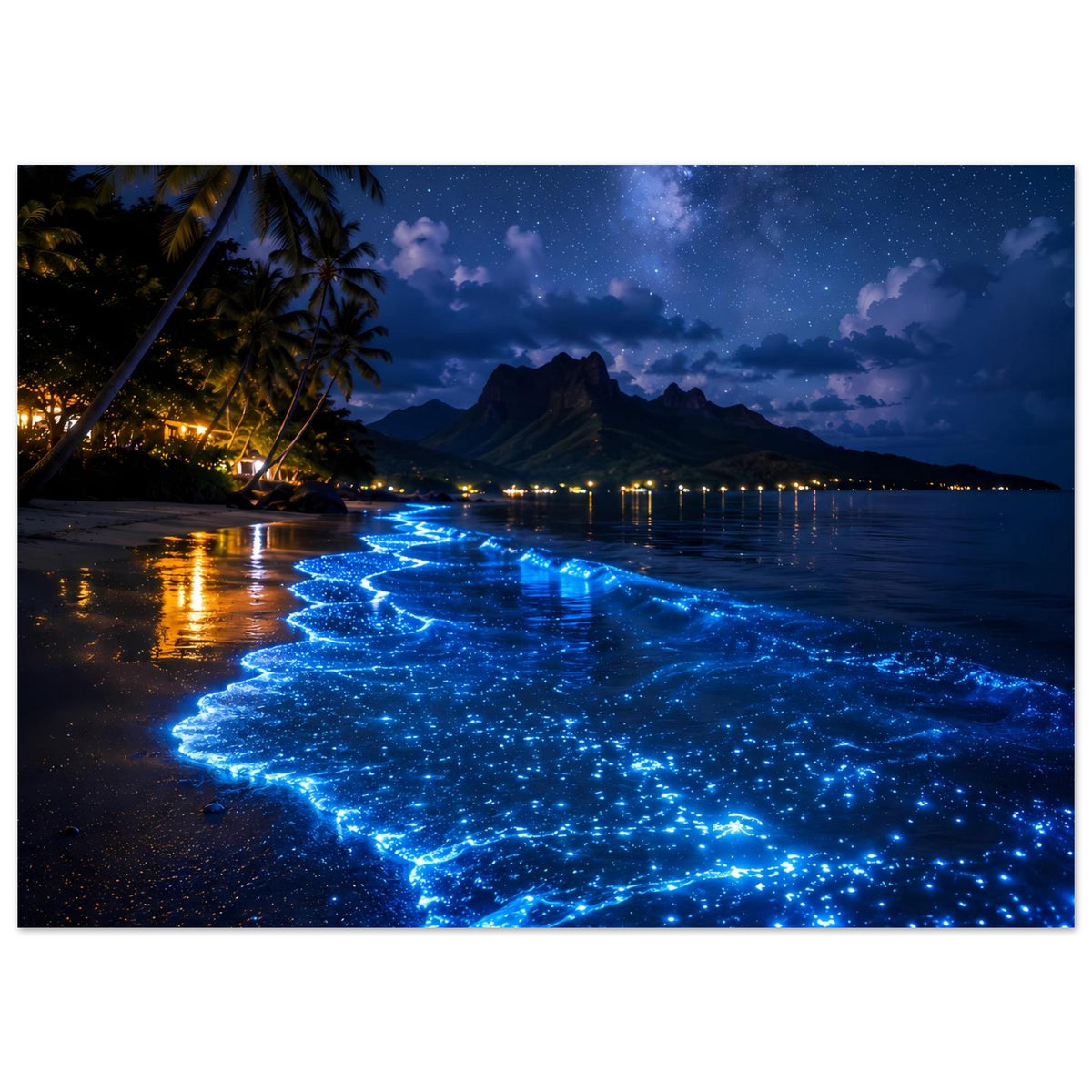 Leuchtendes Nachtmeer Poster: blau leuchtende Brandung am Strand, Palmen und entfernte Lichter