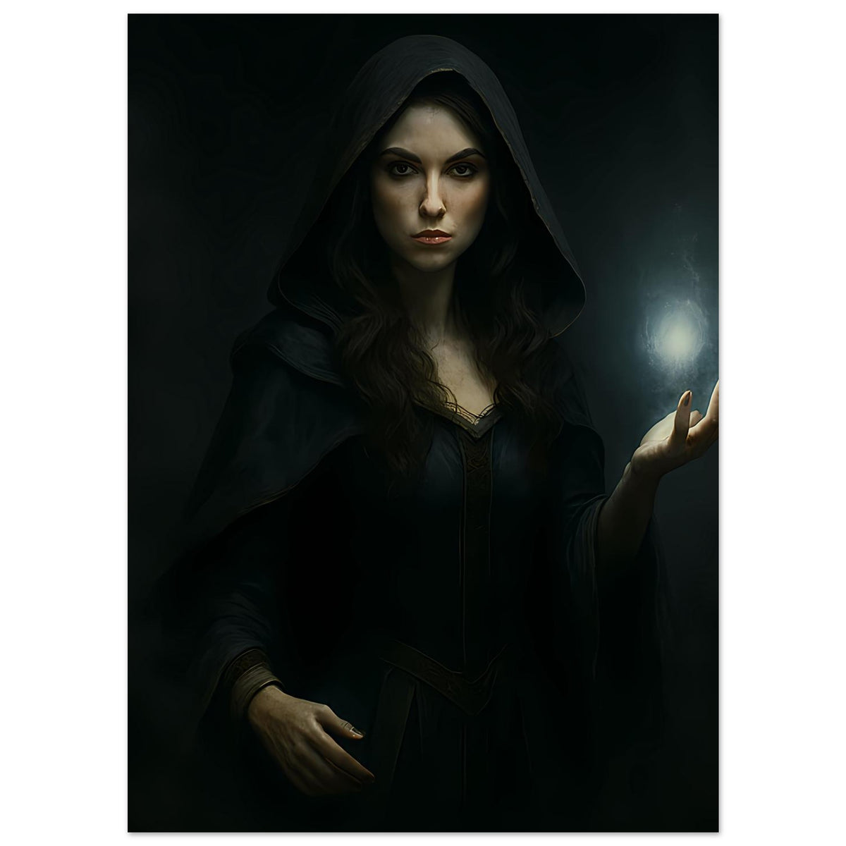Dunkle Fantasy-Kunstprint: Porträt einer Kapuzenträgerin, dunkler Mantel, leuchtende Kugel