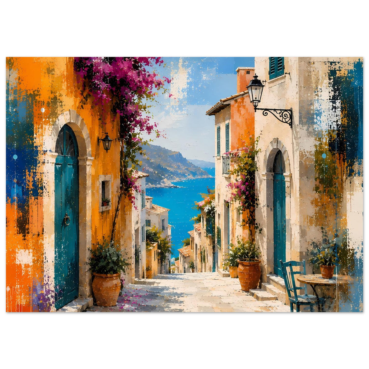 Gerahmtes Poster mit mediterraner Altstadtgasse, orangefarbenen Wänden und farbigen Blumen