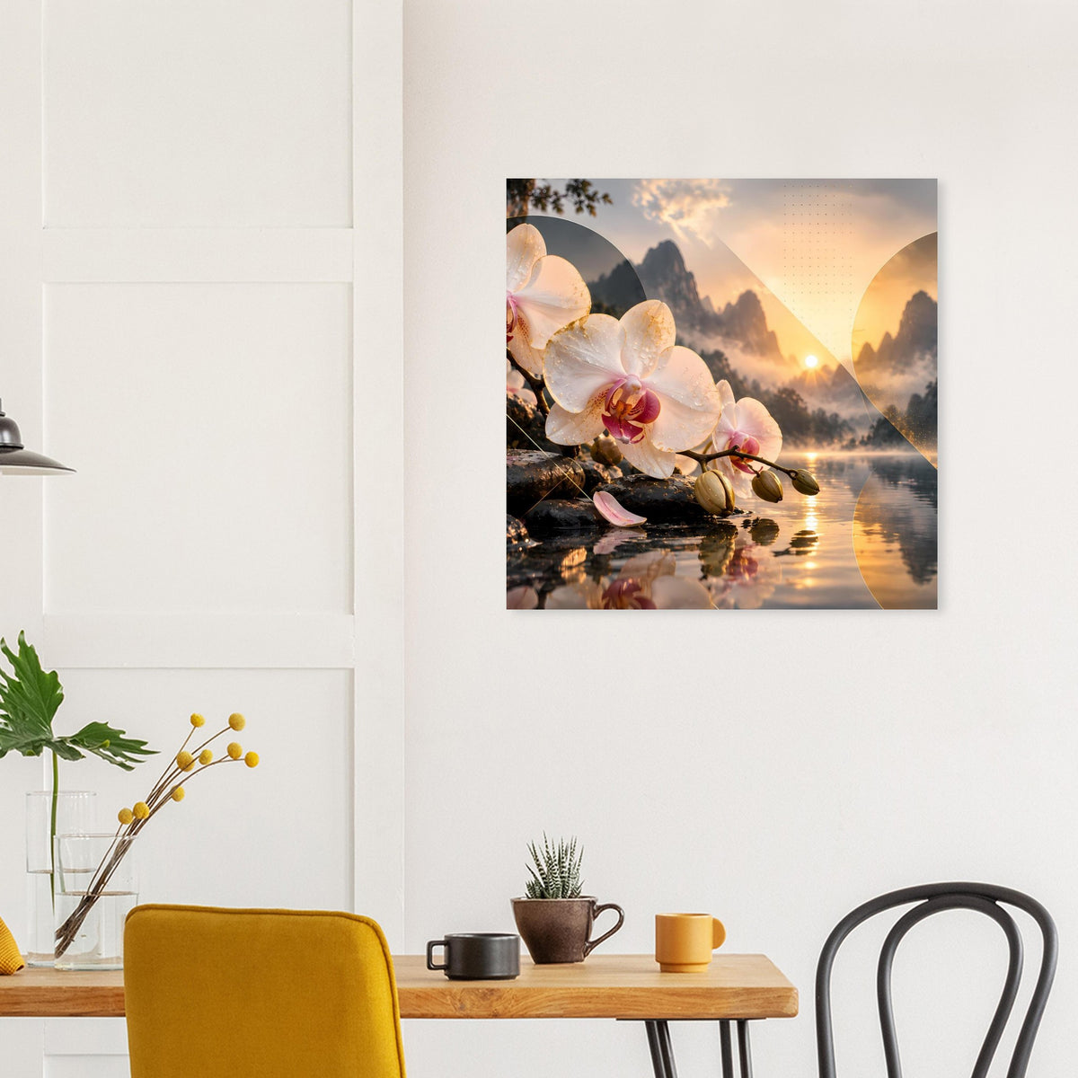 Blumenposter mit Orchideenblüten und Sonnenuntergang über Bergsee im Rahmen