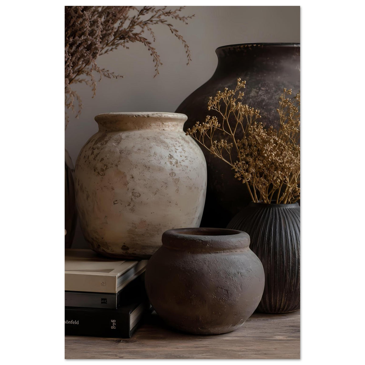 Poster mit großer cremefarbener Vase, kleiner dunkler Vase und dunklen Trockenblumen