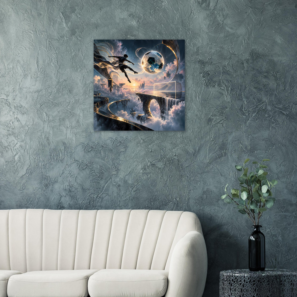 Poster mit Fußballspieler und Planet-Umriss, futuristische Wolken- und Lichtgrafik