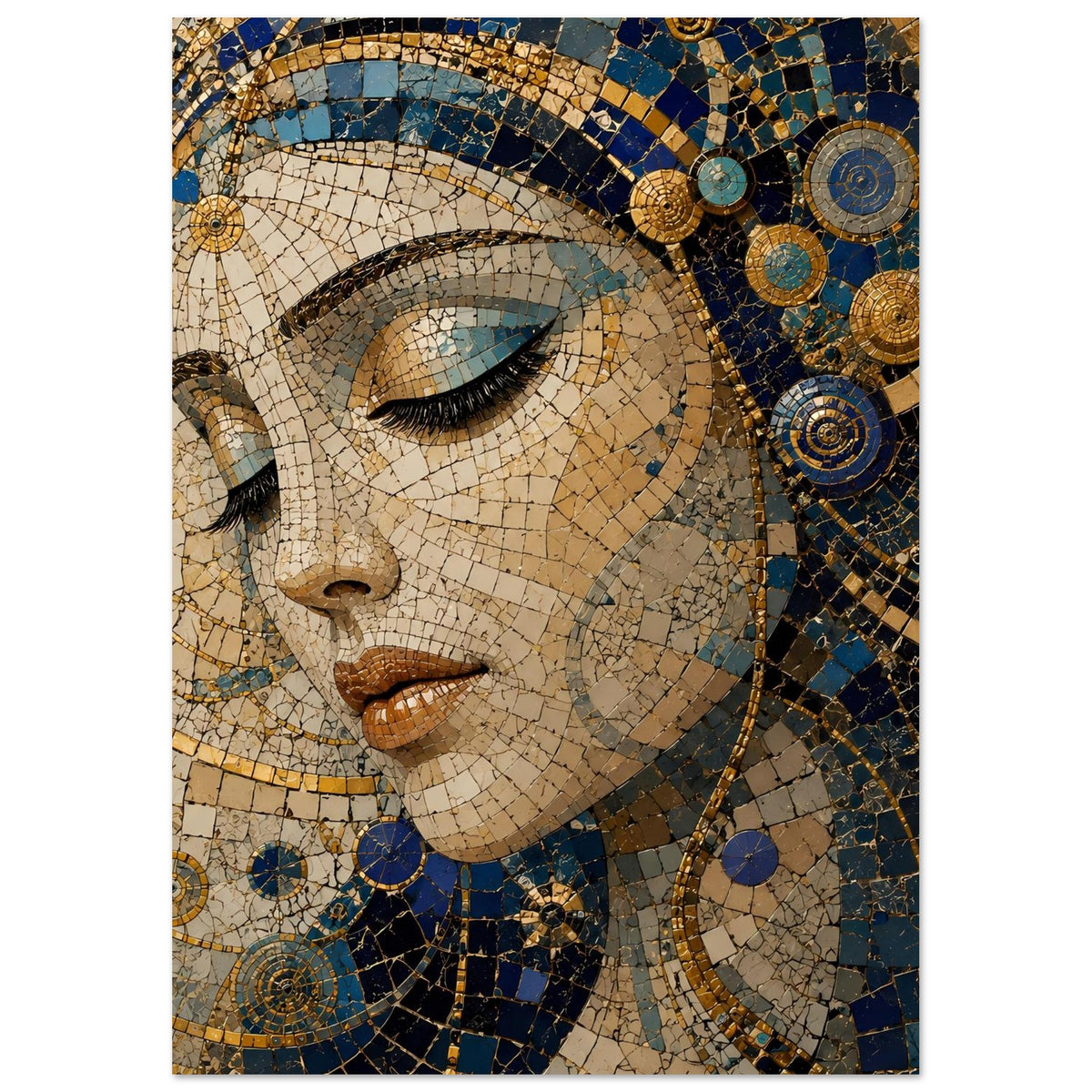 Poster im Hochformat: Mosaik-Porträt einer Frau in Blau-Gold, Gesicht zentriert
